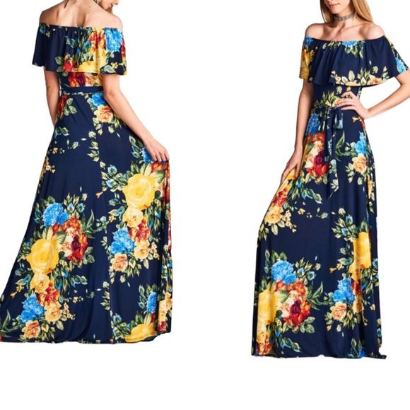 Floral Long Dress Off Shoulder Tie Waist Sundress Liberty Multi Print Maxi - Picture 1 of 5